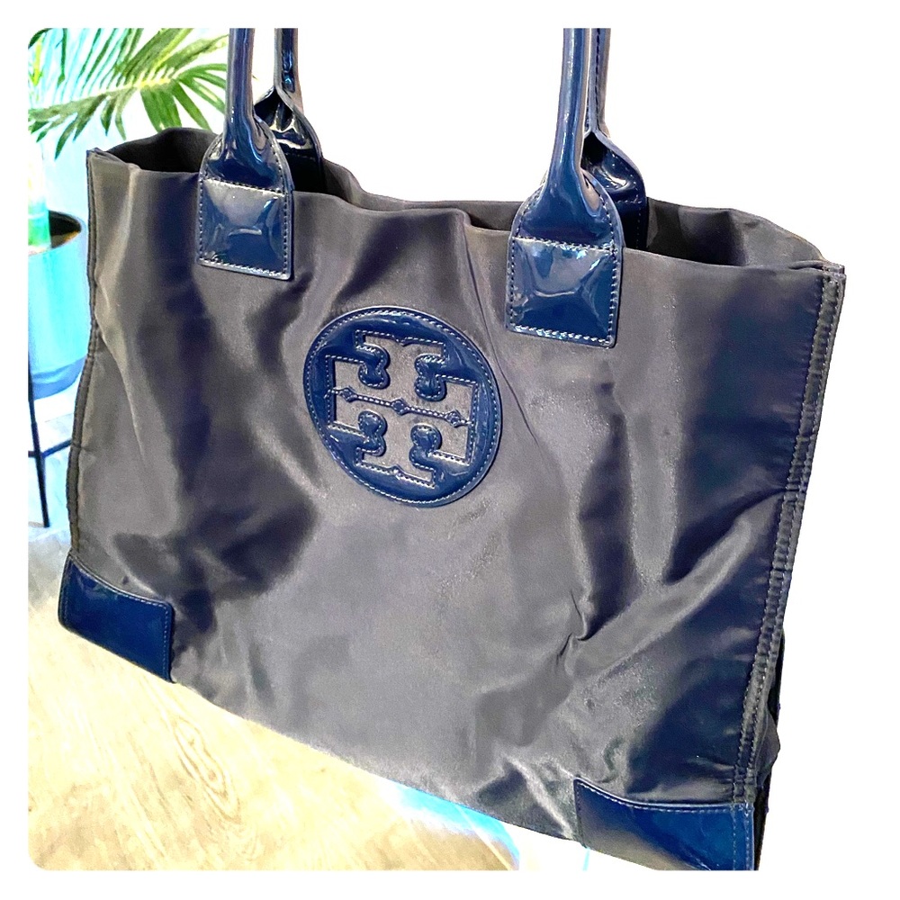 Tory Burch nylon & patent large Ella navy tote